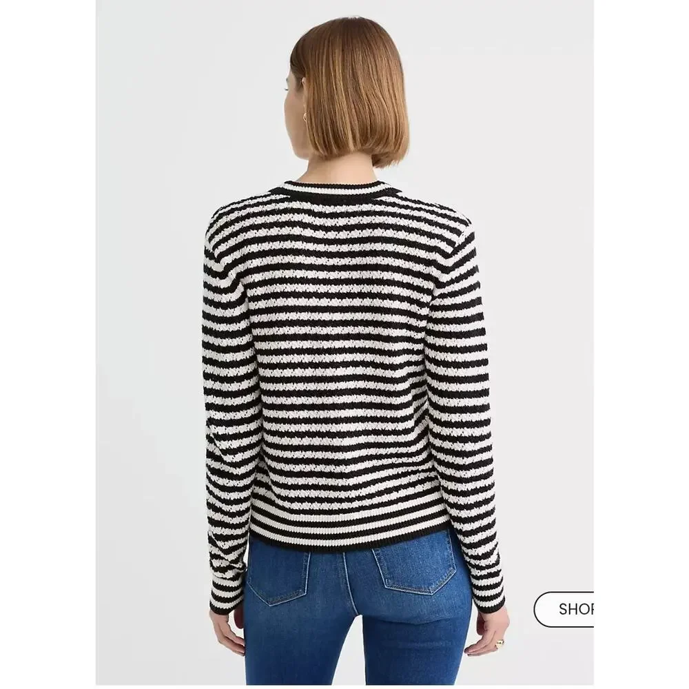 LOFT Pointelle Striped Cardigan Size XS Black White Stripe Gold Buttons Crochet